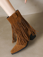 Stivali western da donna Stivaletti con tacco grosso in pelle scamosciata marrone con punta quadrata e nappe