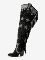 Stivali western neri con punta a punta perline strass stivali sopra il ginocchio con nappe