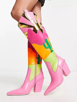 Stivali western rosa da donna con punta a punta e tacco alto stampato stivali alti fino al ginocchio