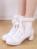Sweet Lolita Boots Bow Frill Furry Chunky Heel White Lolita Footwear