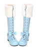 Sweet Lolita Boots Faux Fur Lace Up Bow Chunky Heel Blue Lolita Stivali coscia alti