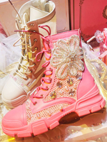 Sweet Lolita Boots Paillettes Fiori Punta chiusa Tacco piatto Calzature Lolita in microfibra Personalizza stivali
