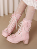 Sweet Lolita Boots PU Leather Ruffles Perle Punta Rotonda Calzature Lolita nere