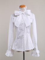 Sweet Lolita Camicetta a maniche lunghe in cotone bianco con collo a fiocco in volant