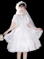 Sweet Lolita OP Dress Poliestere Maniche corte Ruffles Fiocchi Pizzo Bianco Lolita Abito intero