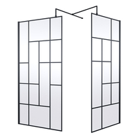 Box Doccia Walk In con Parete a Griglia Nera Astratta e Piatto Doccia - 1100mm x 700mm - Senza Anta Paraspruzzi
