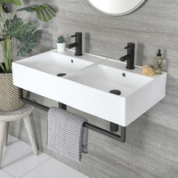 Doppio Lavabo Bagno Sospeso Rettangolare Bianco con Portasalviette Nero - 820mm x 420mm - Sandford