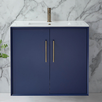 Mobile Bagno Sospeso Blu Marino 800mm con Lavabo e Maniglie Ottone Spazzolato con Barra a T - Edge