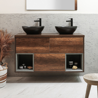 Mobile Bagno Sospeso con Ripiano Aperto da 1200mm in Rovere Scuro con Lavabi d