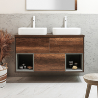 Mobile Bagno Sospeso con Ripiano Aperto da 1200mm in Rovere Scuro con Lavabi d