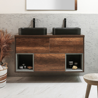 Mobile Bagno Sospeso con Ripiano Aperto da 1200mm in Rovere Scuro con Lavabi d
