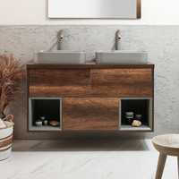 Mobile Bagno Sospeso con Ripiano Aperto da 1200mm in Rovere Scuro con Lavabi d