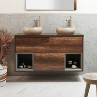 Mobile Bagno Sospeso con Ripiano Aperto da 1200mm in Rovere Scuro con Lavabi d