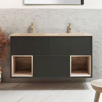 Mobile Bagno Sospeso con Ripiano Aperto in Grigio Nero da 1212mm con Lavabo Beige (Sand) e Luci LED - Hoxton