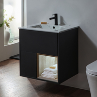 Mobile Bagno Sospeso con Ripiano Aperto in Grigio Nero da 612mm con Lavabo Effetto Marmo e Luci LED