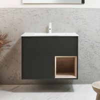 Mobile Bagno Sospeso con Ripiano Aperto in Grigio Nero da 812mm con Lavabo Bianco (Chalk) e Luci LED - Hoxton