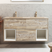 Mobile Bagno Sospeso con Ripiano Aperto in Rovere Chiaro da 1212mm con Lavabo Beige (Sand) e Luci LED - Hoxton