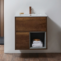 Mobile Bagno Sospeso con Ripiano Aperto in Rovere Scuro da 612mm con Lavabo Effetto Marmo