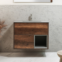Mobile Bagno Sospeso con Ripiano Aperto in Rovere Scuro da 812mm con Lavabo Grigio (Pebble) e Luci LED - Hoxton