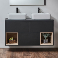 Mobile Bagno Sospeso Grigio Nero Con Ripiano Aperto 1200mm - Lavabo Rettangolare