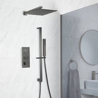 Sistema Doccia Termostatico Grigio con Soffione Doccia,  Asta Saliscendi con Doccetta (2 Vie) - Preto