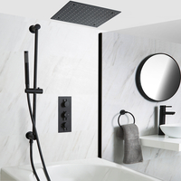 Sistema Termostatico Doccia e Vasca Nero con Soffione Quadrato Incassato da 400mm,  Asta Saliscendi e Doccetta (2 Vie) - Nox