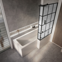 Vasca da Bagno Asimmetrica con Doccia con Parete Doccia a Griglia Nera - Scelta di Dimensioni,  Pannelli ed Opzioni di Entrata